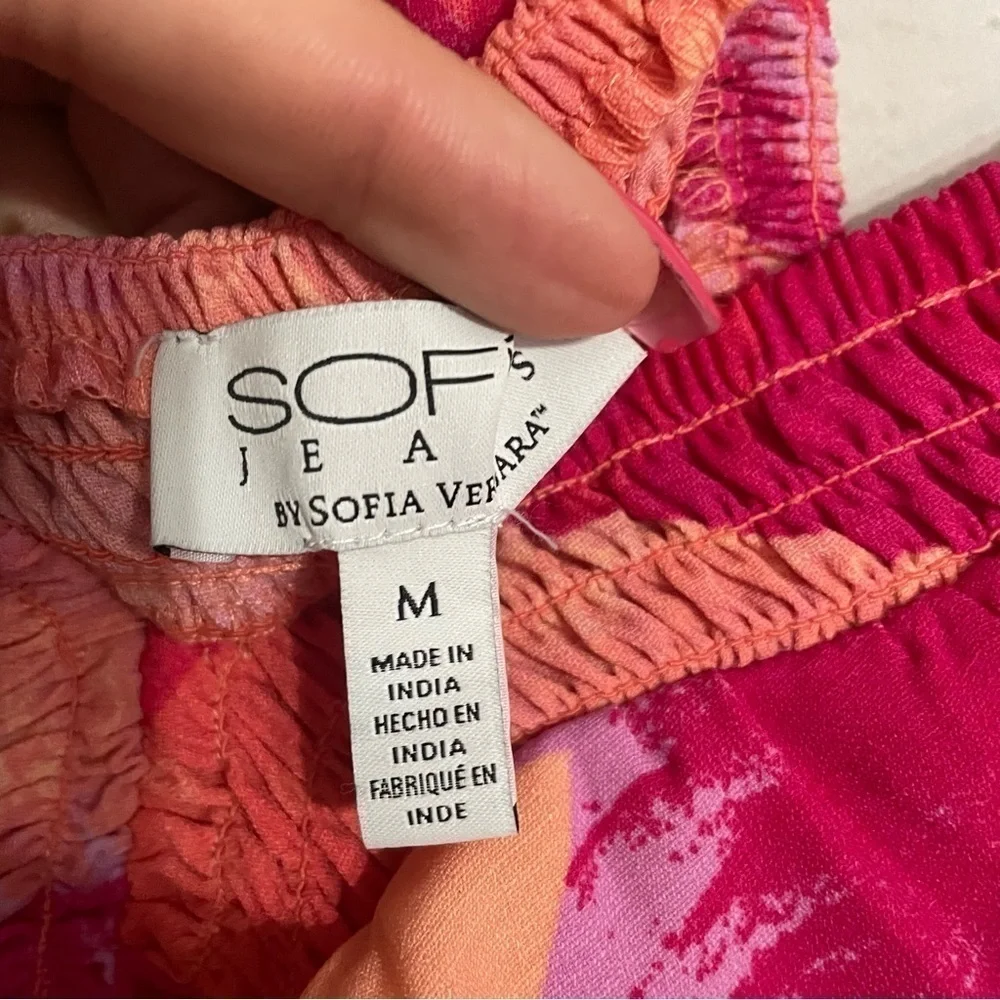 Pink Orange Purple Ruffle Summer Deep V- Neck Top Size Medium - Picture 7 of 7